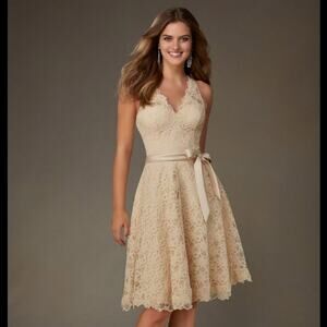 NWT Mori Lee Bridesmaids Dress Size 12 Champaign A-Line Lace Belted Wedding MOH